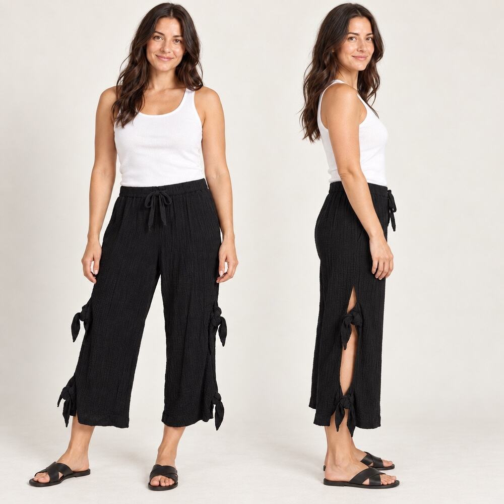 ROI Black Crinkle Cotton Side Tie Crop Pants Women’s M